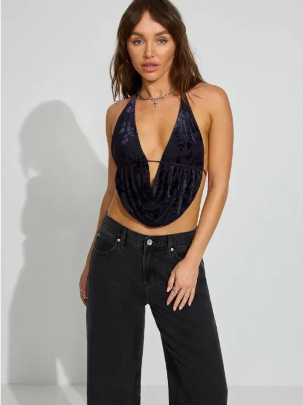 Garage black velvet halter top with subtle floral pattern